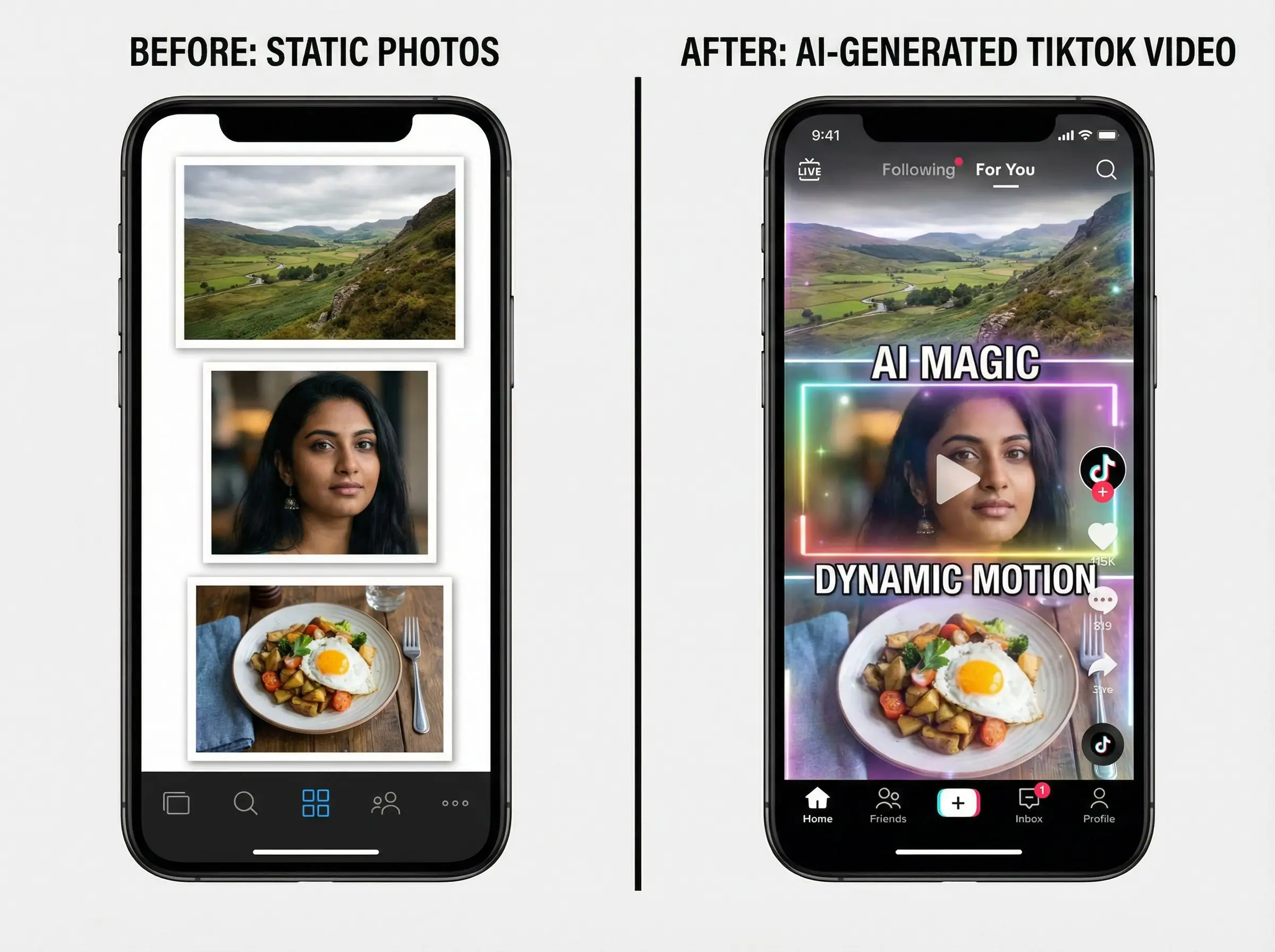 Before and after example of a static photo converted into a vertical TikTok video