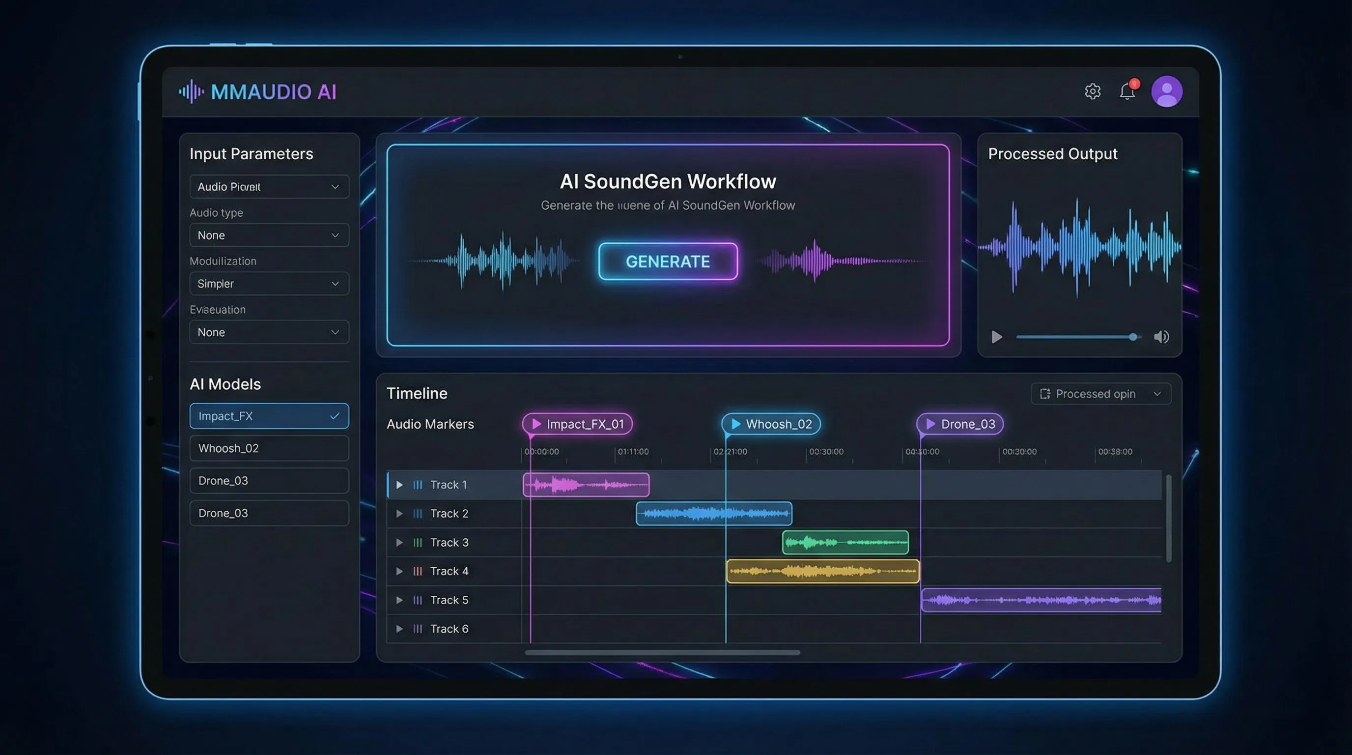MMAudio AI interface showing automated process to add sound effects to video with timeline markers and controls