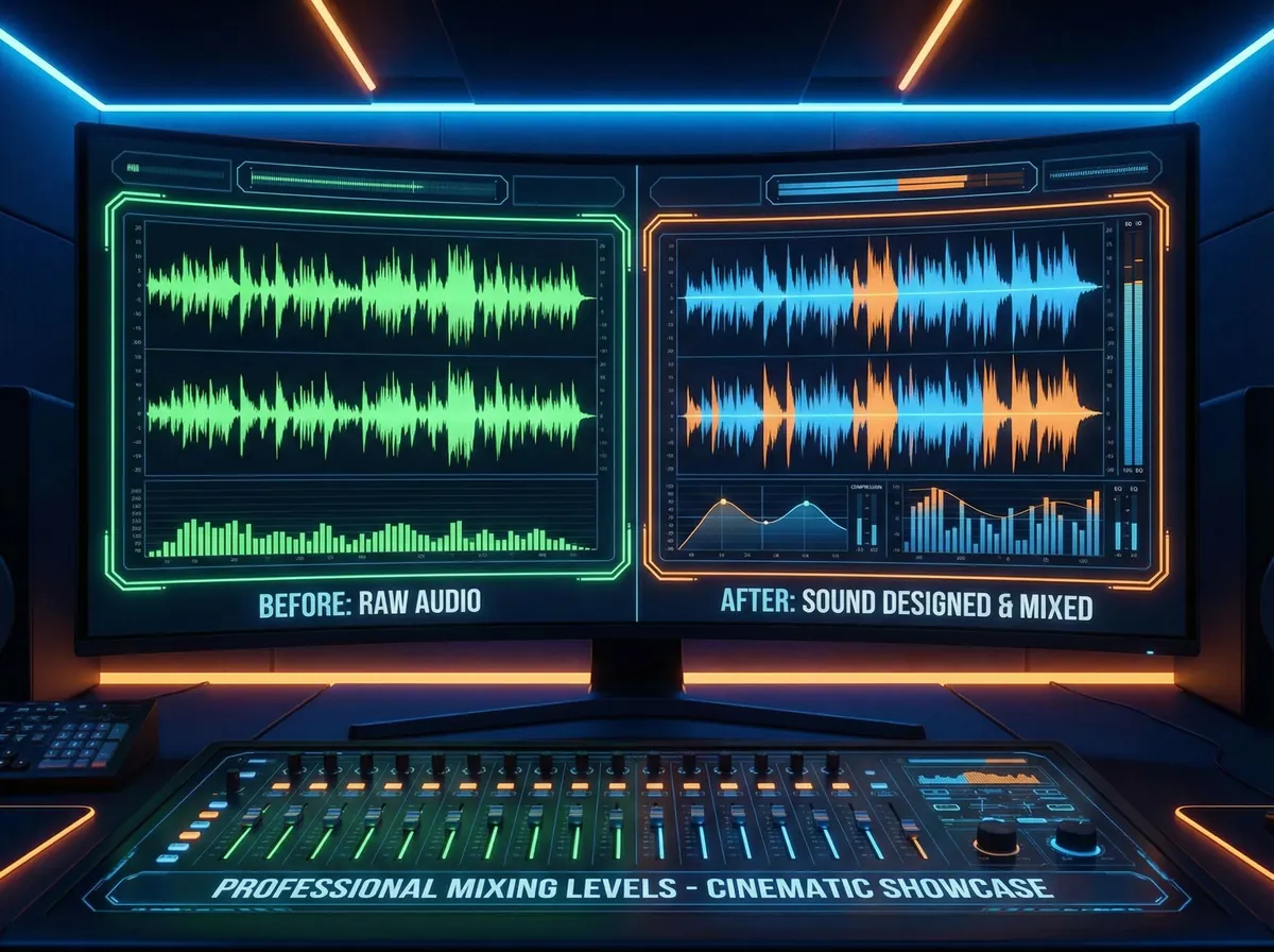 Professional audio mixing levels and waveform visualization demonstrating best practices to add sound effects to video