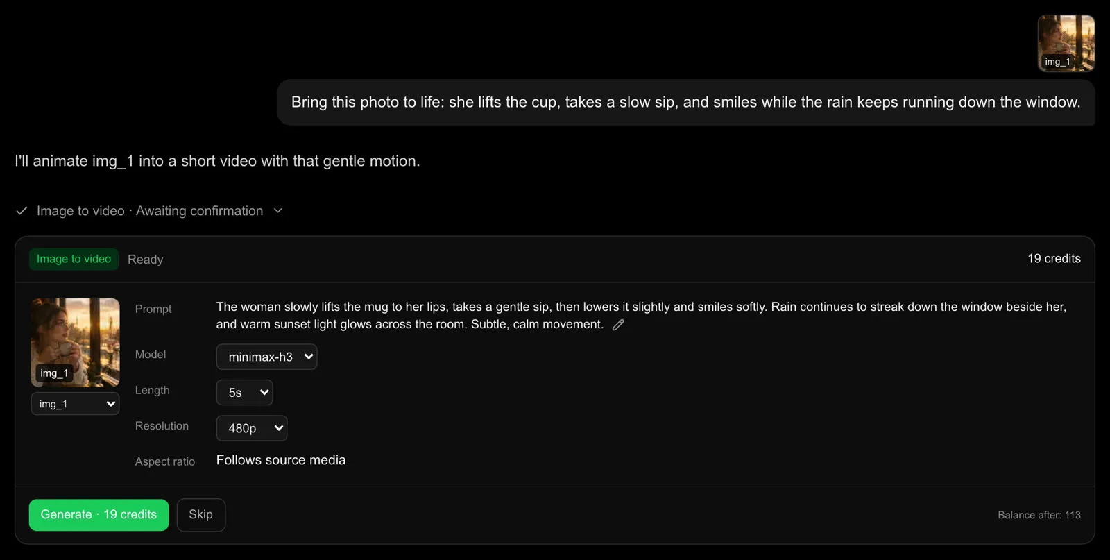 Real iMideo AI video agent confirmation card showing model, length, resolution and 19 credits before generating