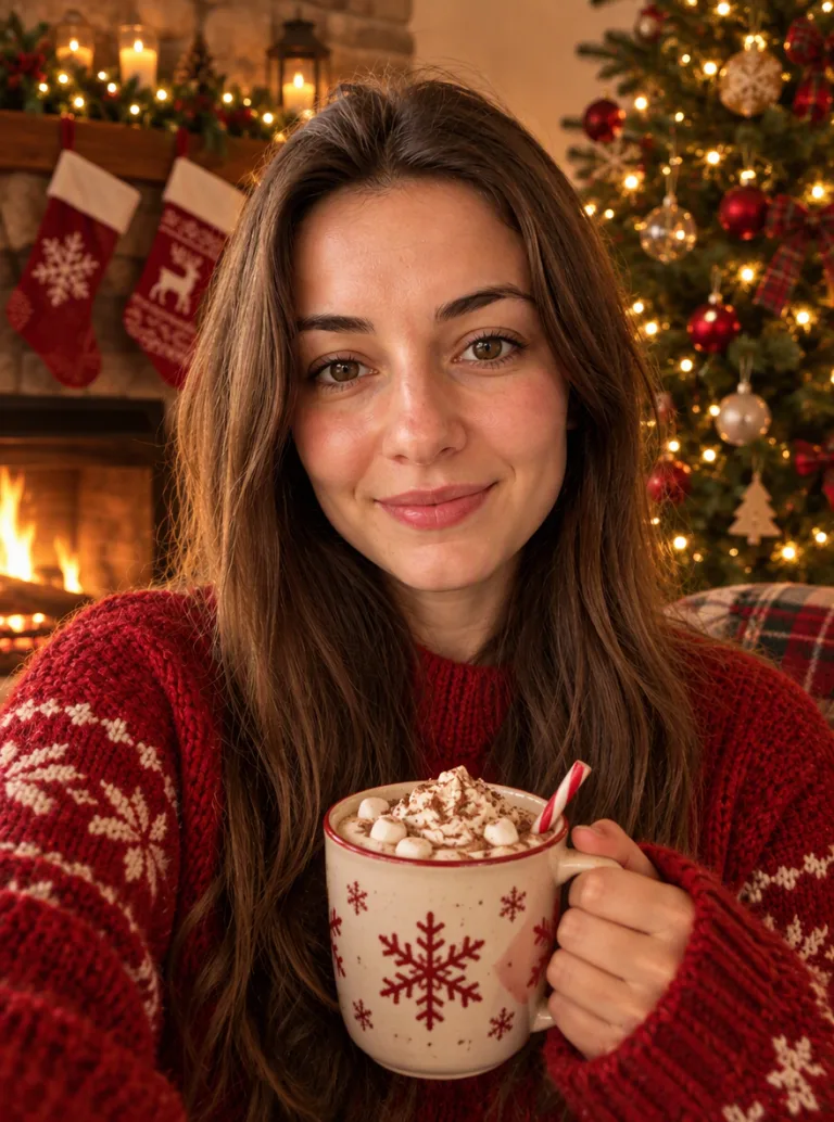 Same woman in a red knit sweater with hot cocoa by a fireplace and Christmas tree