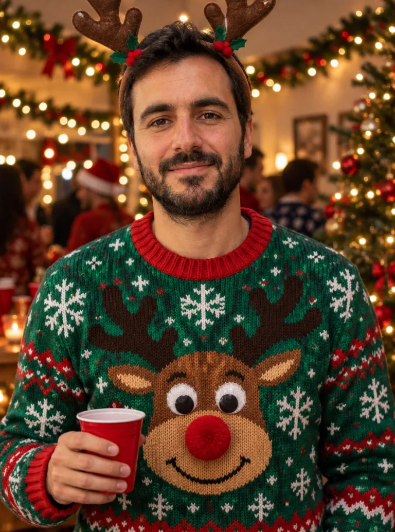 Same man in an ugly reindeer Christmas sweater and antler headband at a party