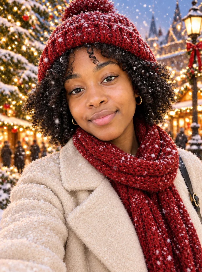 Same woman in a cream coat and red scarf at a snowy Christmas market