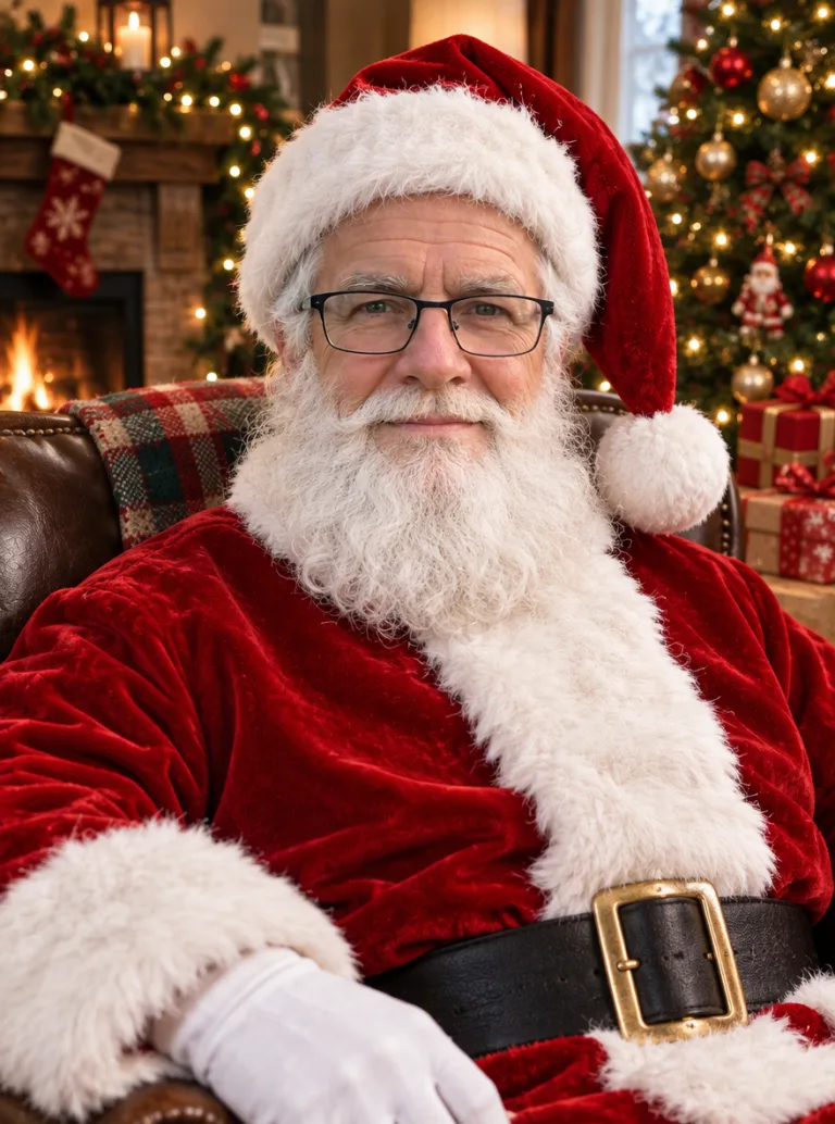 Same man dressed as Santa Claus in a red suit by the Christmas tree