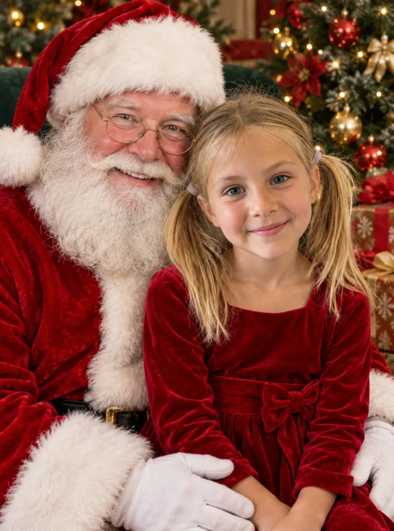 Same girl in a red holiday dress sitting on Santa's lap