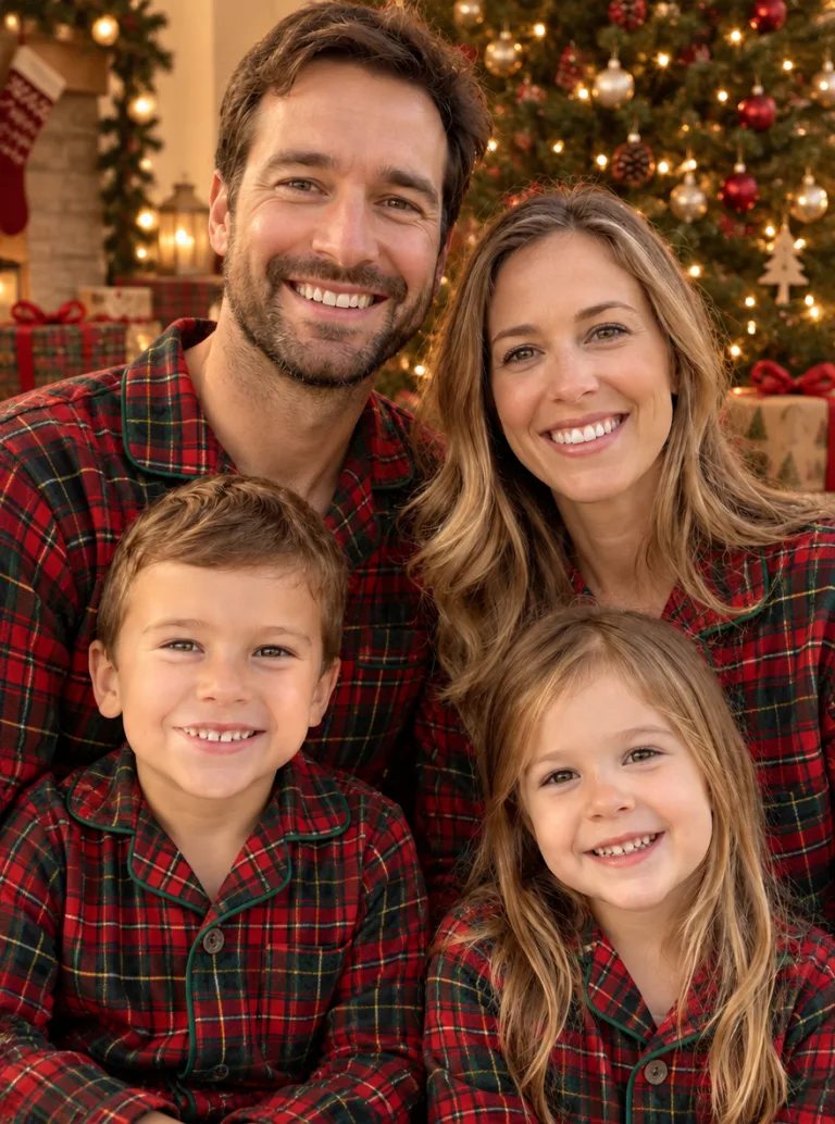 Same family in matching plaid Christmas pajamas in front of the tree