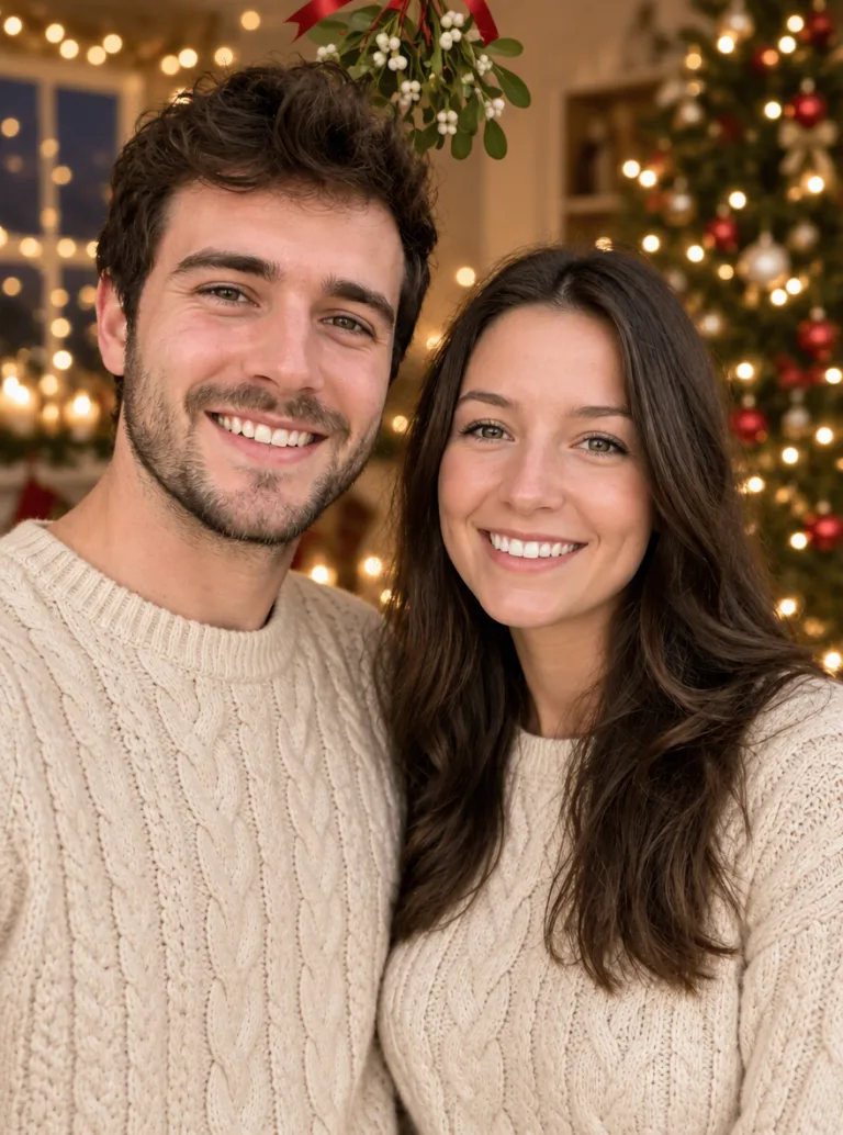Same couple in matching cream sweaters under Christmas lights