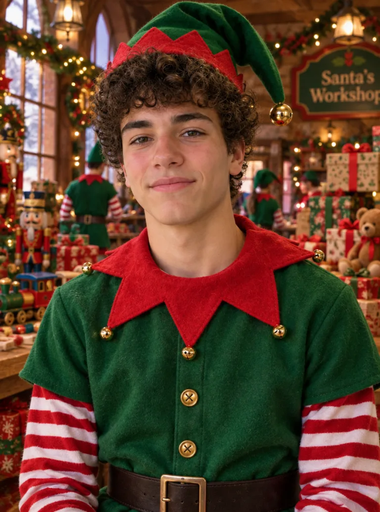 Same teenager dressed as a Christmas elf in Santa's workshop
