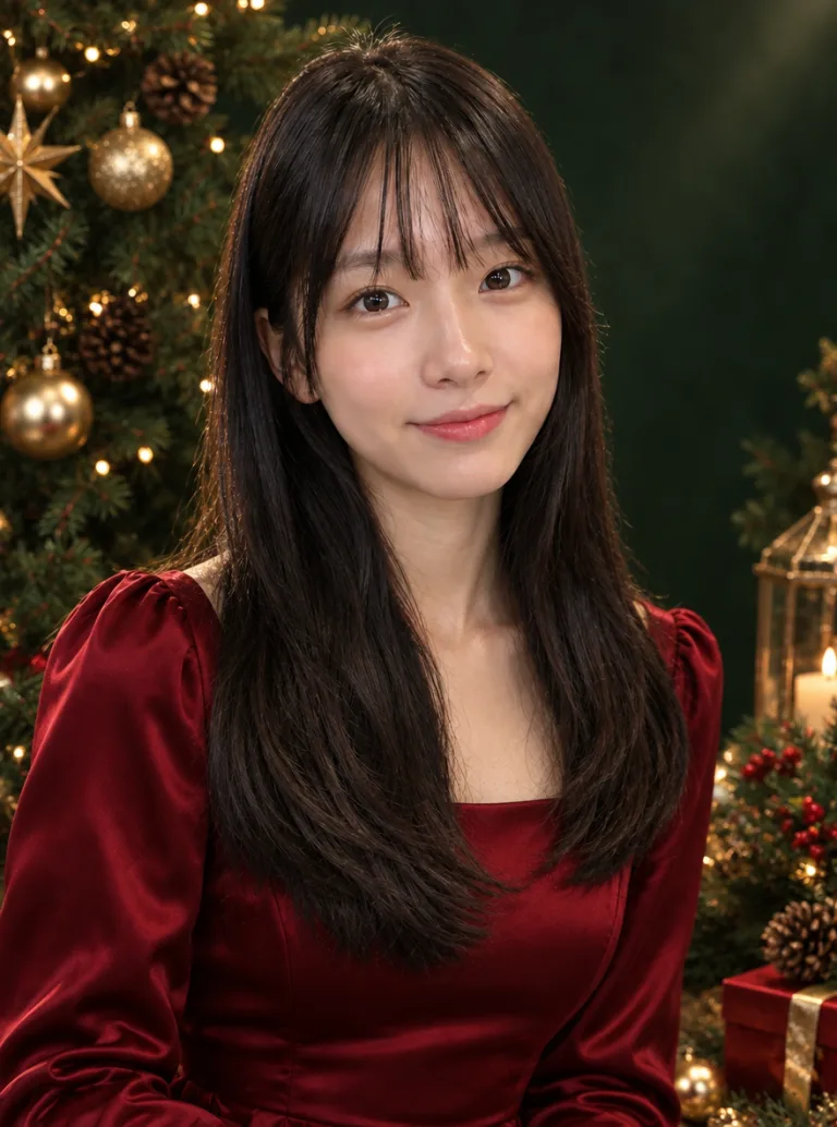 Same woman in a red satin dress in a holiday studio portrait