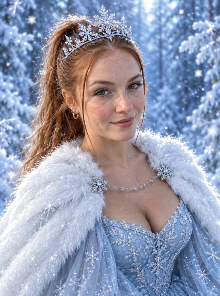 Same woman in an icy blue gown and snowflake tiara in a frosty forest
