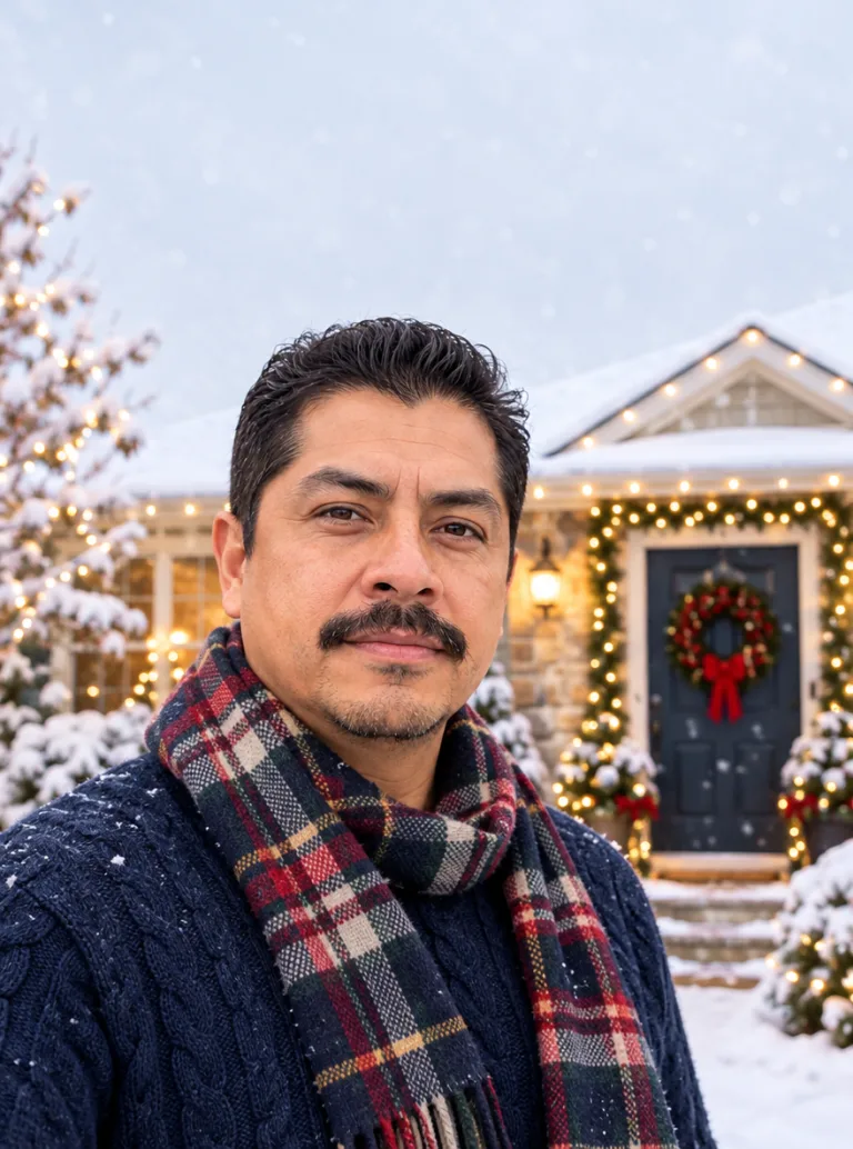 Same man in a plaid scarf in front of a snowy house with a wreath