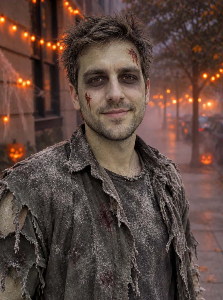 Same man in zombie costume and grey face paint on a foggy street