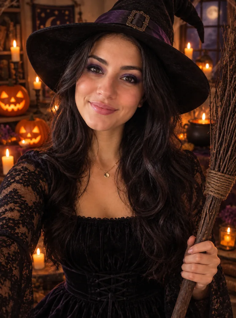 Same woman dressed as a witch with a pointed hat and broom