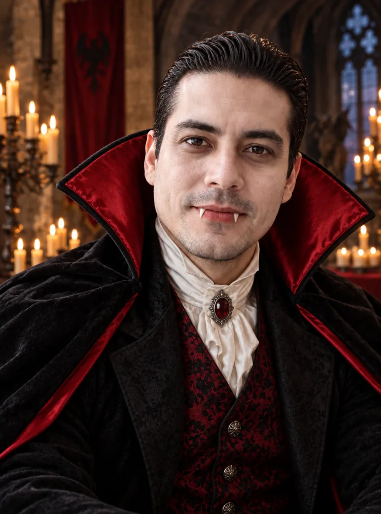 Same man as a vampire in a high-collar black cape
