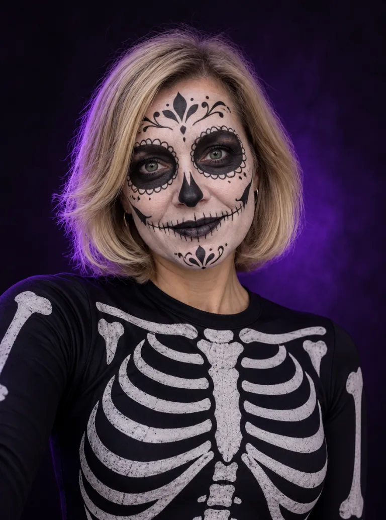 Same woman with sugar-skull skeleton makeup and skeleton bodysuit
