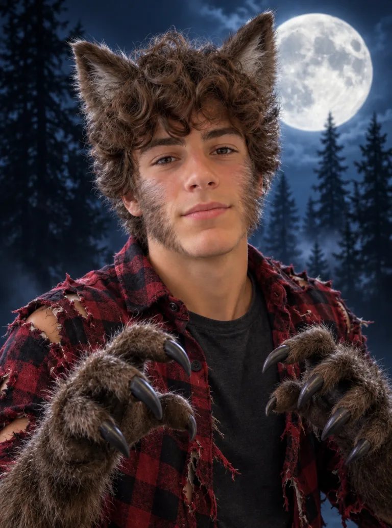 Same boy in a werewolf costume under a full moon