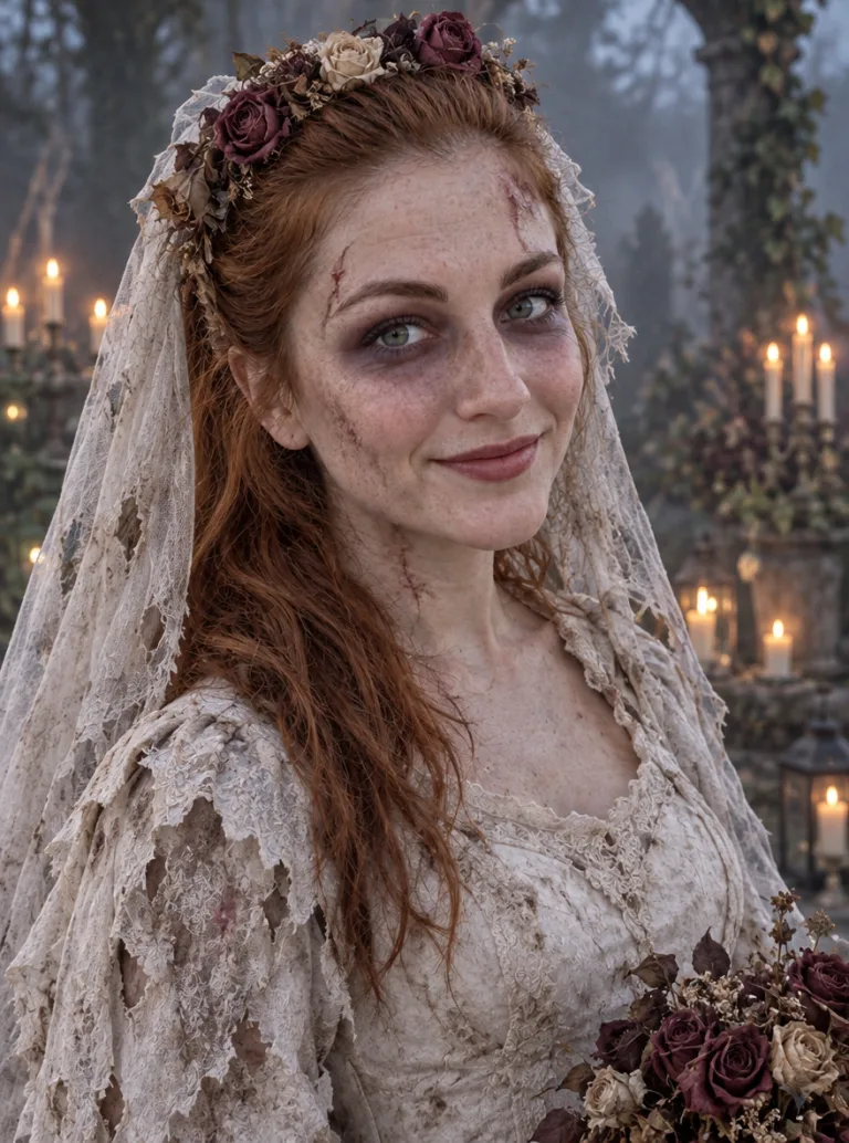 Same woman as a zombie bride in a tattered white wedding dress