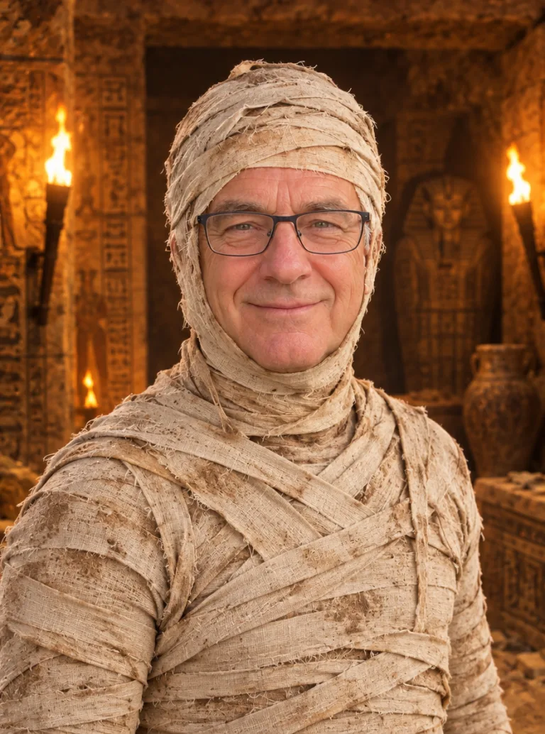 Same man wrapped as a mummy in a torch-lit tomb