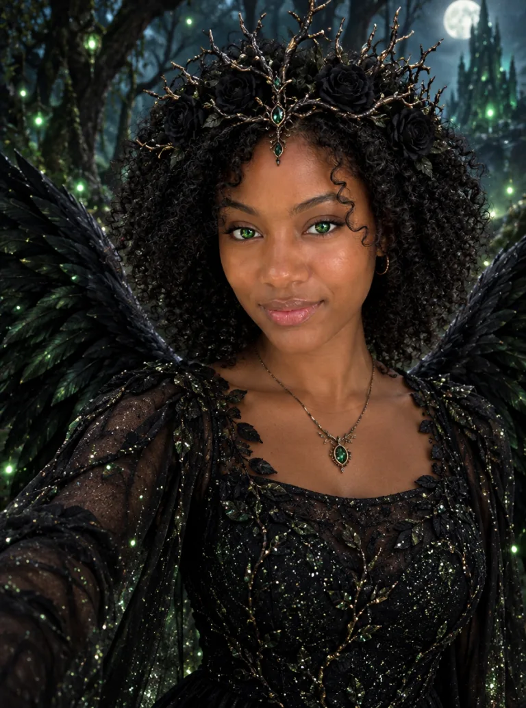Same woman as a dark fairy queen with black wings