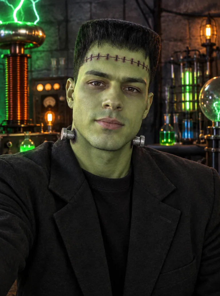 Same man in a green-faced monster costume with neck bolts