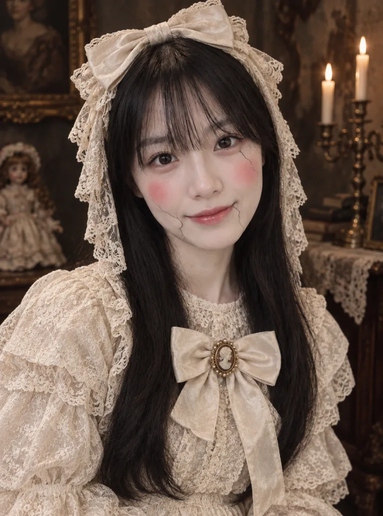 Same woman dressed as a porcelain doll in a lace dress