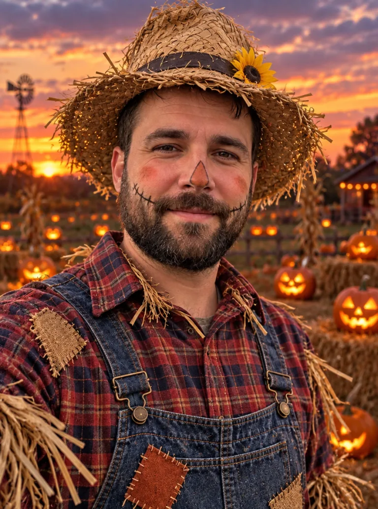 Same man as a scarecrow in a pumpkin field at dusk