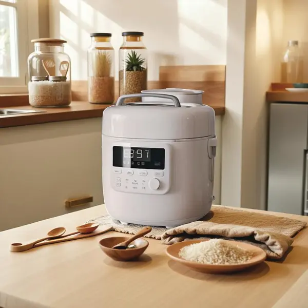 White rice cooker animated on a warm kitchen table