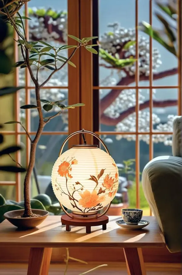 Painted paper lantern animated in a sunlit tea room